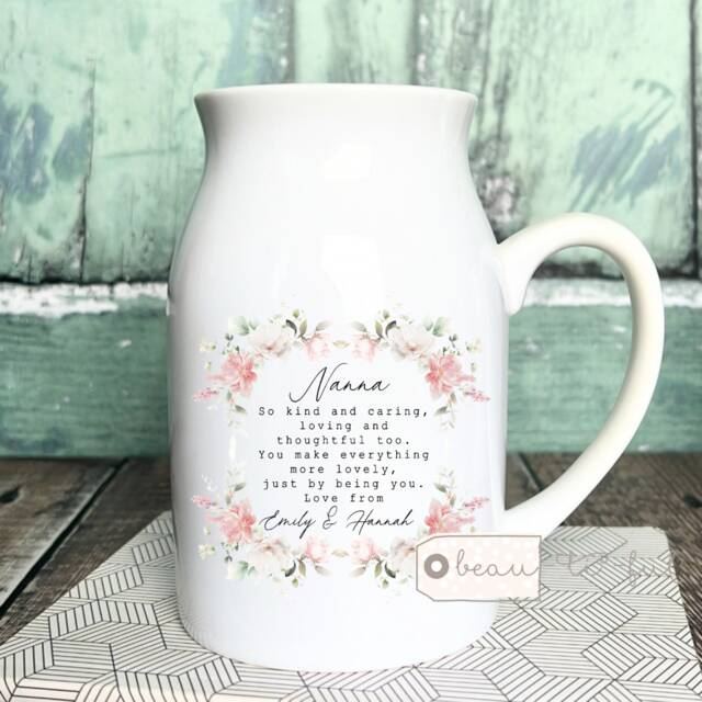 Personalised Thank You Gift Mum Mom Nanna Nanny Grandma Sister Auntie Daughter Floral Ceramic Small Vase Jug Mug Birthday Mother's Day - image 1