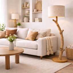 Oak Wooden Floor Lamp For Rustic Living Room Decor - thumbnail 2