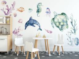 Nursery Wall Decal Set Ocean Animals Watercolor - Peel & Stick - Artistic Kids Decor, Small UK Studio Art - thumbnail 1