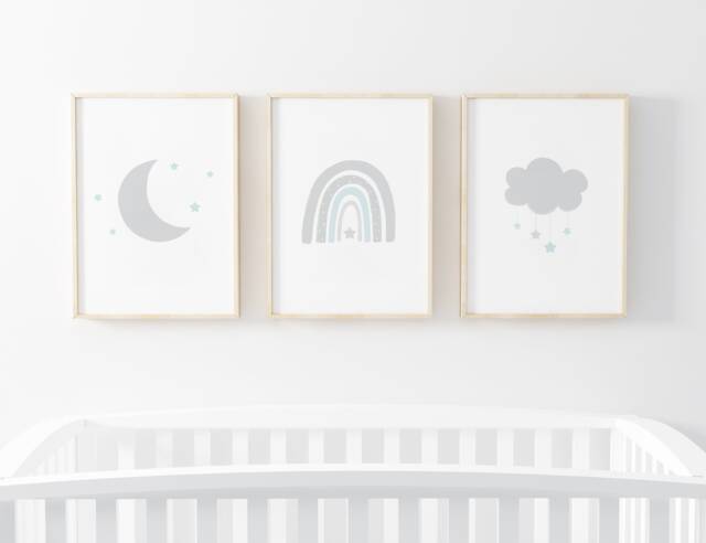 Neutral Rainbow Moon Cloud Prints - Set Of 3, Baby Boy Print, Nursery Prints, Wall Art, New Baby, Kids Bedroom, Stars, Sleep, Gift - image 1