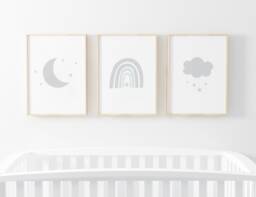 Neutral Rainbow Moon Cloud Prints - Set Of 3, Baby Boy Print, Nursery Prints, Wall Art, New Baby, Kids Bedroom, Stars, Sleep, Gift - thumbnail 1