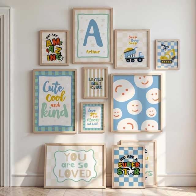 Boys Nursery Prints, Set Of 2 3 4 6 8 10, Toddler Wall Art, Smile, Positive Affirmation, Personalised Name, Playroom Love You, Blue - image 1