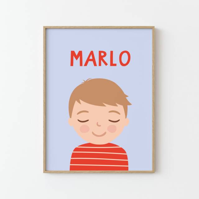 Personalized Portrait Boy With Darkblonde Hair - Lightblue Red Illustration Poster For Kids Wall Decor Children's Room - image 1