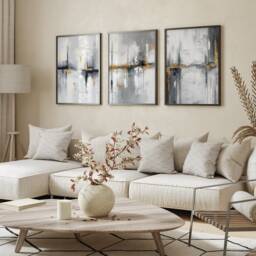 Gray & Gold Abstract Wall Art Prints - Set Of 3 Modern Grey Painting Decor - thumbnail 2