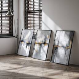 Gray & Gold Abstract Wall Art Prints - Set Of 3 Modern Grey Painting Decor - thumbnail 1