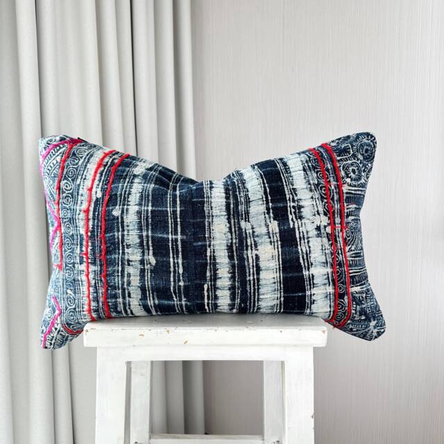 "Vintage Hmong Pillow Cover Hand Block Print Hemp Cushion - 12"" X 20" - image 1
