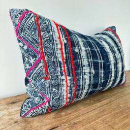 "Vintage Hmong Pillow Cover Hand Block Print Hemp Cushion - 12"" X 20" - thumbnail 4