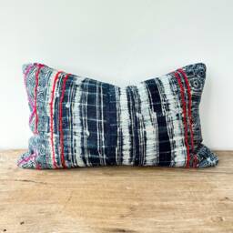 "Vintage Hmong Pillow Cover Hand Block Print Hemp Cushion - 12"" X 20" - thumbnail 2