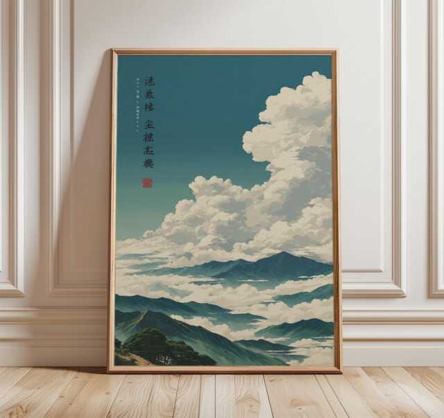 Mountain Landscape Poster, Japanese Style Art Print, Green & Blue Wall - image 1