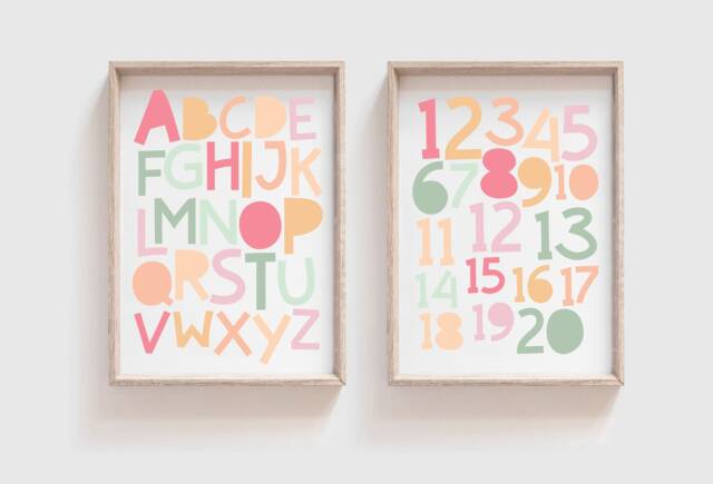 Set Of 2 Alphabet & Numbers Playroom Prints, Abc Print, Girls Nursery Pastel Poster, Wall Art - image 1