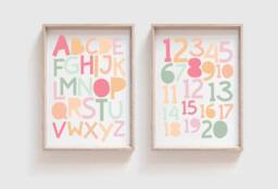 Set Of 2 Alphabet & Numbers Playroom Prints, Abc Print, Girls Nursery Pastel Poster, Wall Art - thumbnail 1