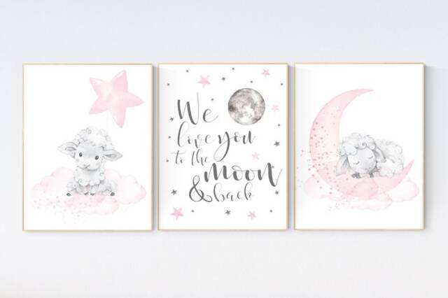 Sheep Nursery Art Print Moon, Cloud, & Stars - image 1