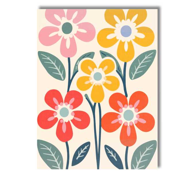 Mid Century Floral Garden With Colourful Blooms & Botanical Leaves Canvas Wall Art Print Decor Picture Ready To Hang - image 1