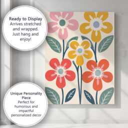Mid Century Floral Garden With Colourful Blooms & Botanical Leaves Canvas Wall Art Print Decor Picture Ready To Hang - thumbnail 3