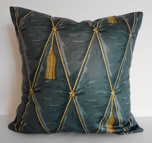 Waverly Tassel Pillow Cover Blue Grey Cotton Cushion - 16x16, 18x18 - image 1