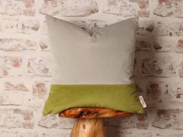 Dove Grey & Citron Green Velvet Cushion Cover Mid-Century Modern Colour Block - image 1