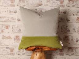 Dove Grey & Citron Green Velvet Cushion Cover Mid-Century Modern Colour Block - thumbnail 1