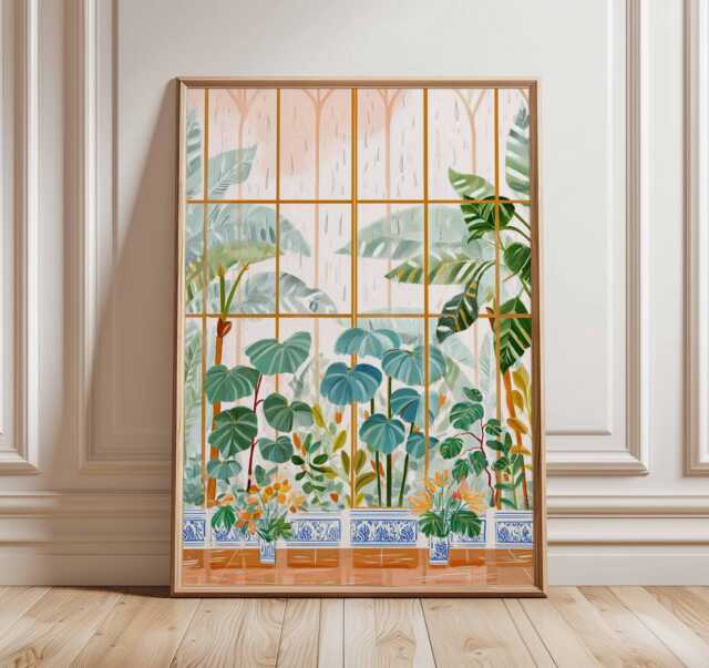 Glasshouse Wall Art Print, Botanical Garden Poster With Tropical Plants, Nature Inspired Artwork For Living Room Or Sunroom Decor - image 1