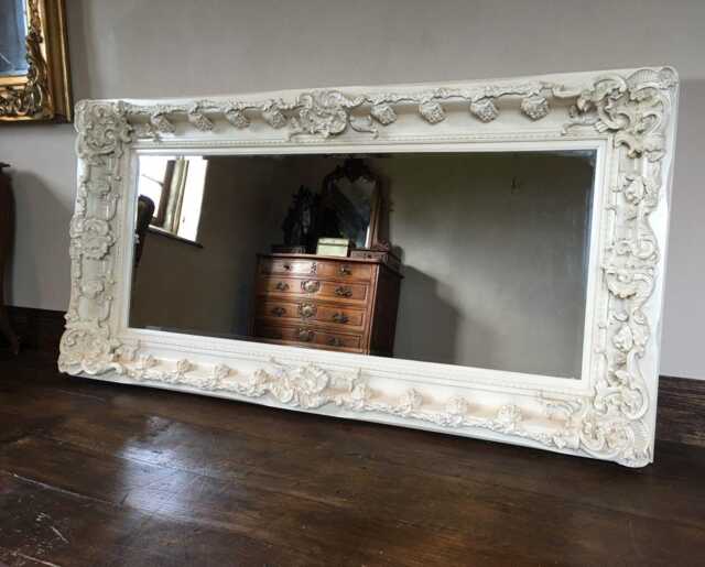 Chunky Wood Large Heavy Antique White Cream Ivory Leaf Statement French Ornate Over Mantle Beveled Wall Mirror 4 Ft X 3Ft - image 1