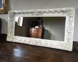 Chunky Wood Large Heavy Antique White Cream Ivory Leaf Statement French Ornate Over Mantle Beveled Wall Mirror 4 Ft X 3Ft