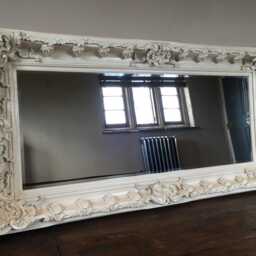 Chunky Wood Large Heavy Antique White Cream Ivory Leaf Statement French Ornate Over Mantle Beveled Wall Mirror 4 Ft X 3Ft - thumbnail 2