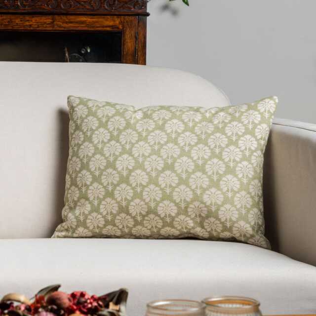 Wildflower Boudoir Cushion in Soft Green. Block-Print Floral, Blossoms & Botanical Design, Multicoloured. 17x12 - image 1