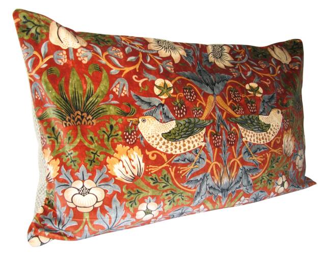 William Morris Strawberry Thief Red Velvet Bolster Cushion Cover - image 1