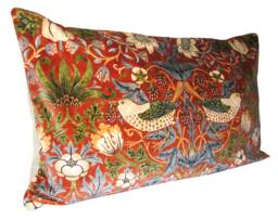 William Morris Strawberry Thief Red Velvet Bolster Cushion Cover - thumbnail 1
