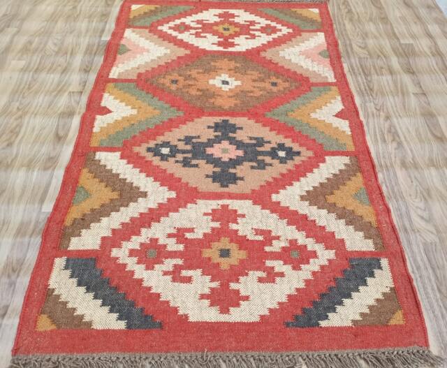 Handmade Wool Jute Kilim Rug, Aztec Navajo Design - image 1