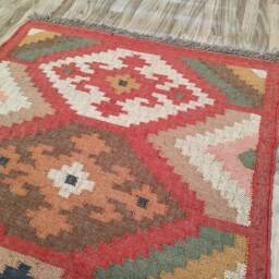 Handmade Wool Jute Kilim Rug, Aztec Navajo Design - thumbnail 4