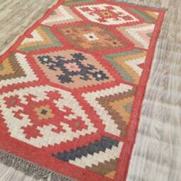 Handmade Wool Jute Kilim Rug, Aztec Navajo Design - thumbnail 3