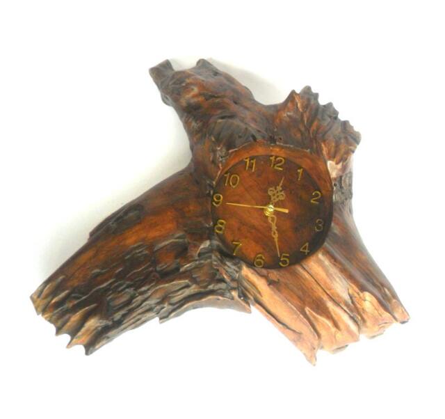 "Natural Wood Clock Live Edge Reclaimed Driftwood Rustic Teak Carving Round Carved Wall Hanging Home Zen Art Decor 16.5""x15""x3" - image 1