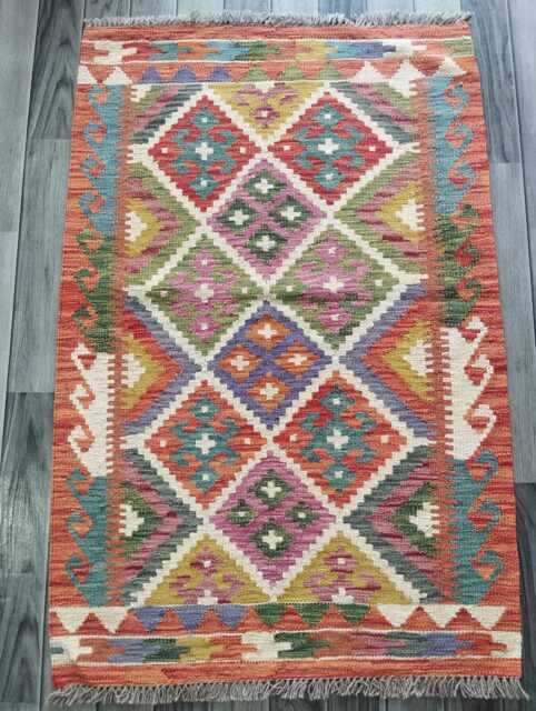 Afghan Kilim Rug, Handmade Artisan Multicolour Turkish Persian Navajo Moroccan Bohemian Flatweave, Natural Wool Dhurrie Rug 127x82 cm - image 1