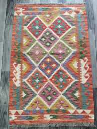 Afghan Kilim Rug, Handmade Artisan Multicolour Turkish Persian Navajo Moroccan Bohemian Flatweave, Natural Wool Dhurrie Rug 127x82 cm