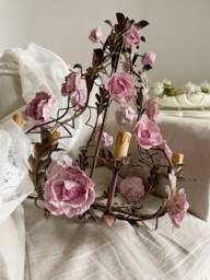 Fuchsia Porcelain Peonies Wrought Iron Birdcage Chandelier, Dark Bronze 5 Lights - thumbnail 1