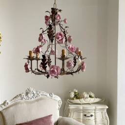 Fuchsia Porcelain Peonies Wrought Iron Birdcage Chandelier, Dark Bronze 5 Lights - thumbnail 2
