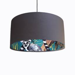 Dark Grey Velvet Lampshade With Teal Lemur Lining, Tropical Large Ceiling Lightshade