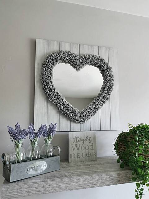 Rustic Heart Mirror Decor Shabby Chic Wooden Foam Rose Large Bedroom Plaque Grey Art Home 45cm X - image 1