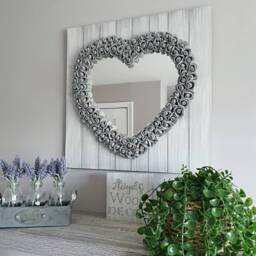 Rustic Heart Mirror Decor Shabby Chic Wooden Foam Rose Large Bedroom Plaque Grey Art Home 45cm X - thumbnail 3