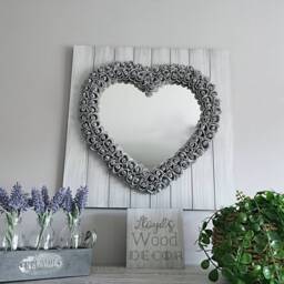 Rustic Heart Mirror Decor Shabby Chic Wooden Foam Rose Large Bedroom Plaque Grey Art Home 45cm X - thumbnail 2