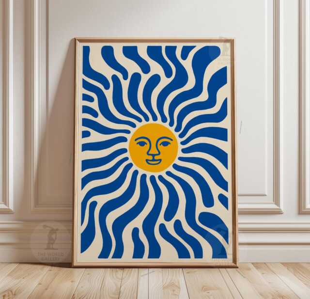 Blue & Yellow Sun Poster - Retro Wavy Ray Illustration Print Minimalist Celestial Wall Art - image 1