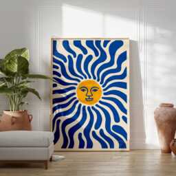 Blue & Yellow Sun Poster - Retro Wavy Ray Illustration Print Minimalist Celestial Wall Art - thumbnail 3