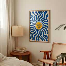 Blue & Yellow Sun Poster - Retro Wavy Ray Illustration Print Minimalist Celestial Wall Art - thumbnail 2