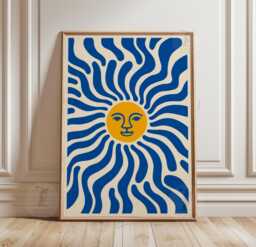 Blue & Yellow Sun Poster - Retro Wavy Ray Illustration Print Minimalist Celestial Wall Art - thumbnail 1