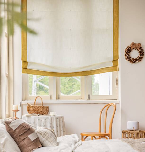 Relaxed Roman Shades, Yellow Ginger Trim Fabric Blinds, Small Window Treatment, Made To Order - image 1