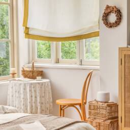 Relaxed Roman Shades, Yellow Ginger Trim Fabric Blinds, Small Window Treatment, Made To Order - thumbnail 2