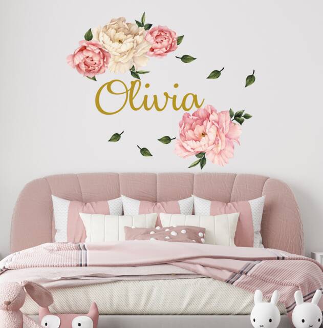Peony Name Wall Decal Girl Nursery, Watercolor Peonies Sticker, Bush Botanical Print Room, Pink White Flowers - image 1