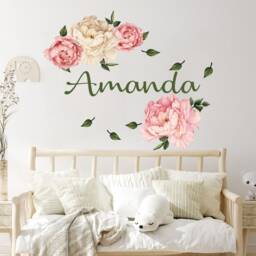 Peony Name Wall Decal Girl Nursery, Watercolor Peonies Sticker, Bush Botanical Print Room, Pink White Flowers - thumbnail 2