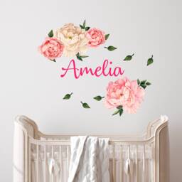 Peony Name Wall Decal Girl Nursery, Watercolor Peonies Sticker, Bush Botanical Print Room, Pink White Flowers - thumbnail 3