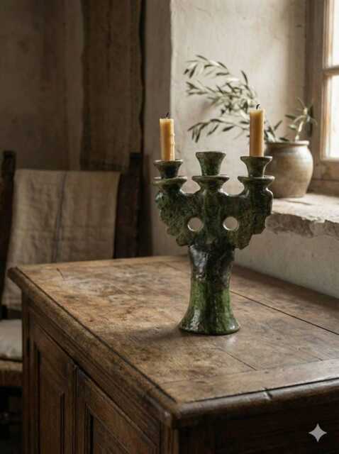 Handmade Ceramic Candelabra, Antique Green Glaze, Old World Decor - image 1